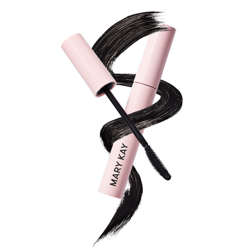 Pink wand with curved brush of black mascara on top of wavy black mascara stroke wrapped around closed pink tube of Mary Kay&reg; Great Heights&trade; Mascara  image number null