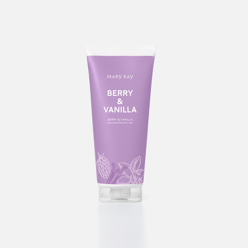 Tube of Mary Kay Shower Gel in Berry and Vanilla scent standing on its cap
