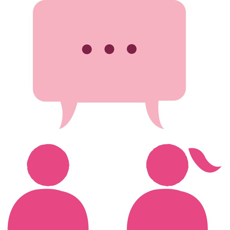 Ilustraci&oacute;n rosa de Mary Kay de dos personas conversando